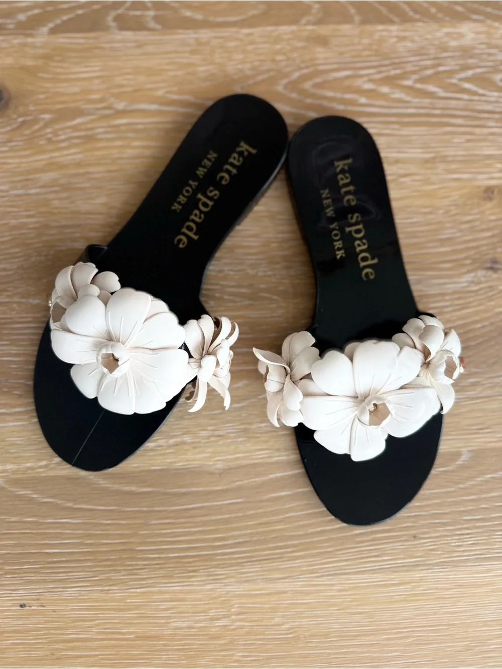 kate spade Black Slide Sandal with Cream Floral Accent
